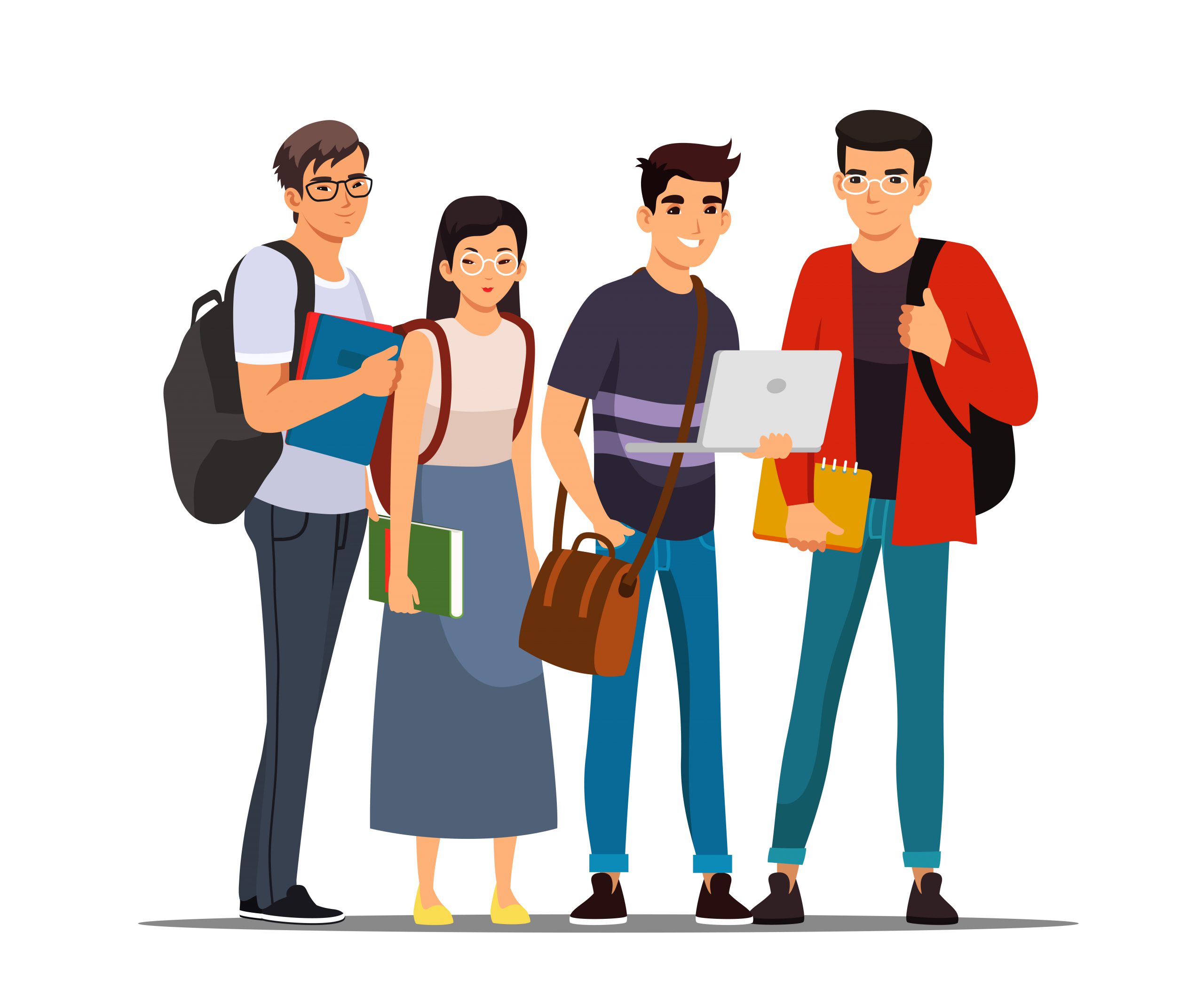 College or university students group. Young happy people standing isolated on white background. Higher academic education vector illustration. Diverse multicultural meeting.